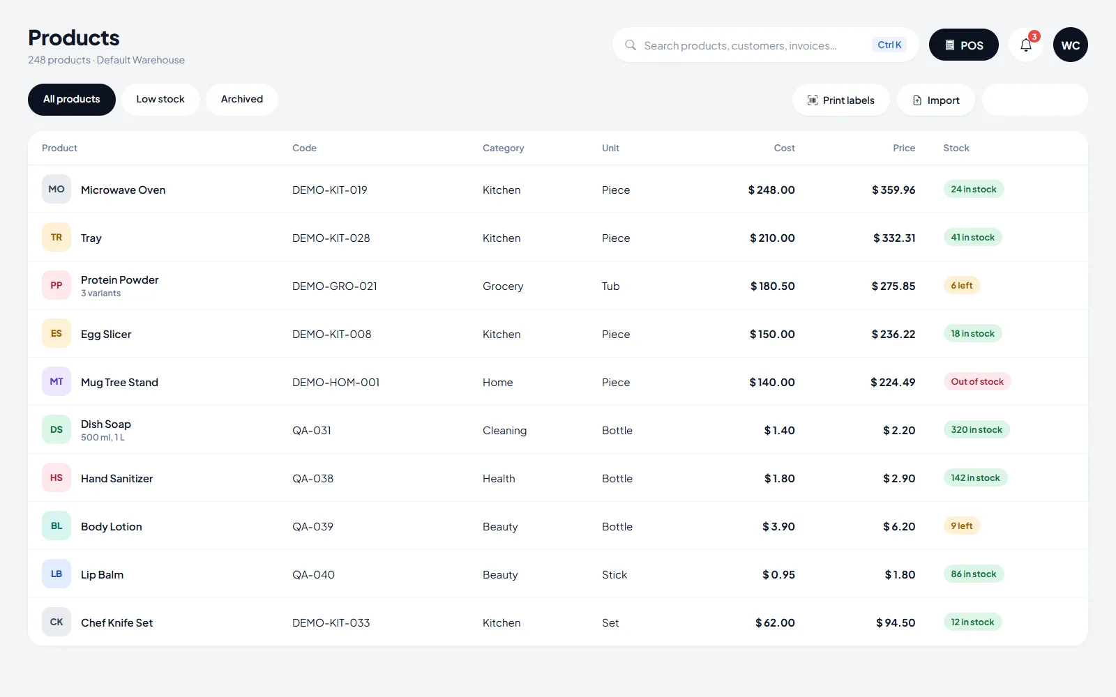 The products list in ArmPOS